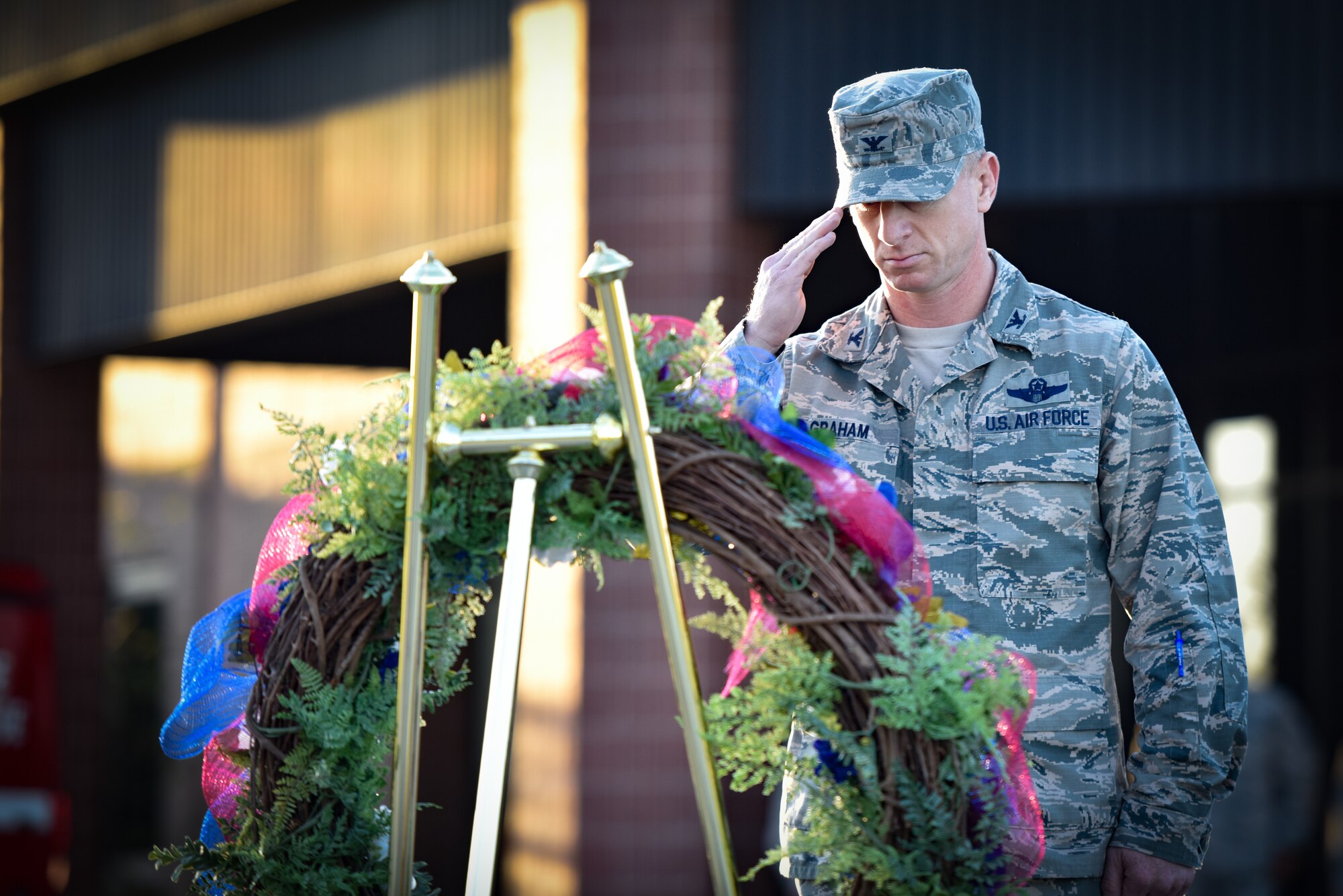 Whiteman Air Force Base Personnel and Base Honor Guard took place in a wreath laying ceremony to commemorate those lost during the September 11th attacks.
