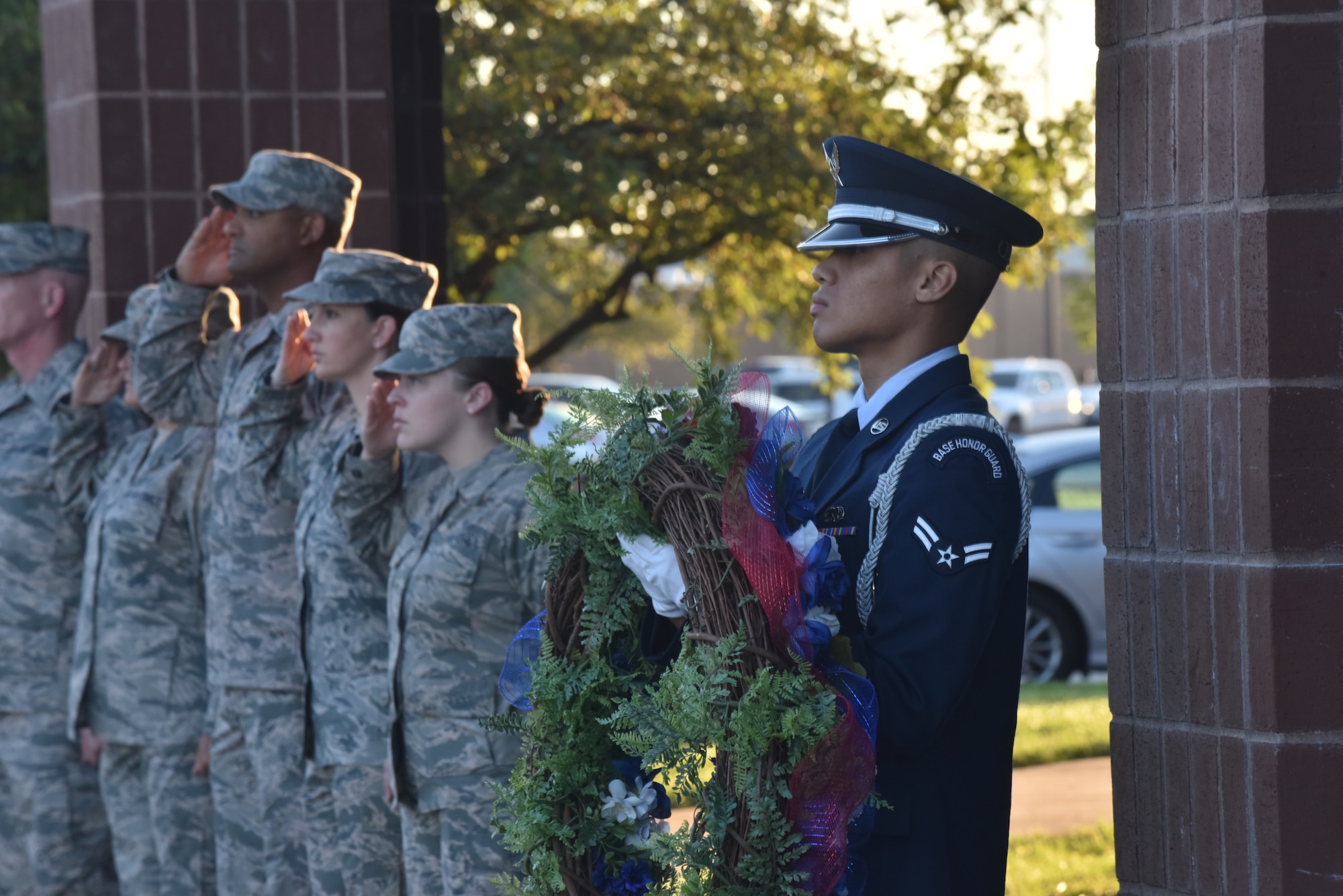 Whiteman Air Force Base Personnel and Base Honor Guard took place in a wreath laying ceremony to commemorate those lost during the September 11th attacks.