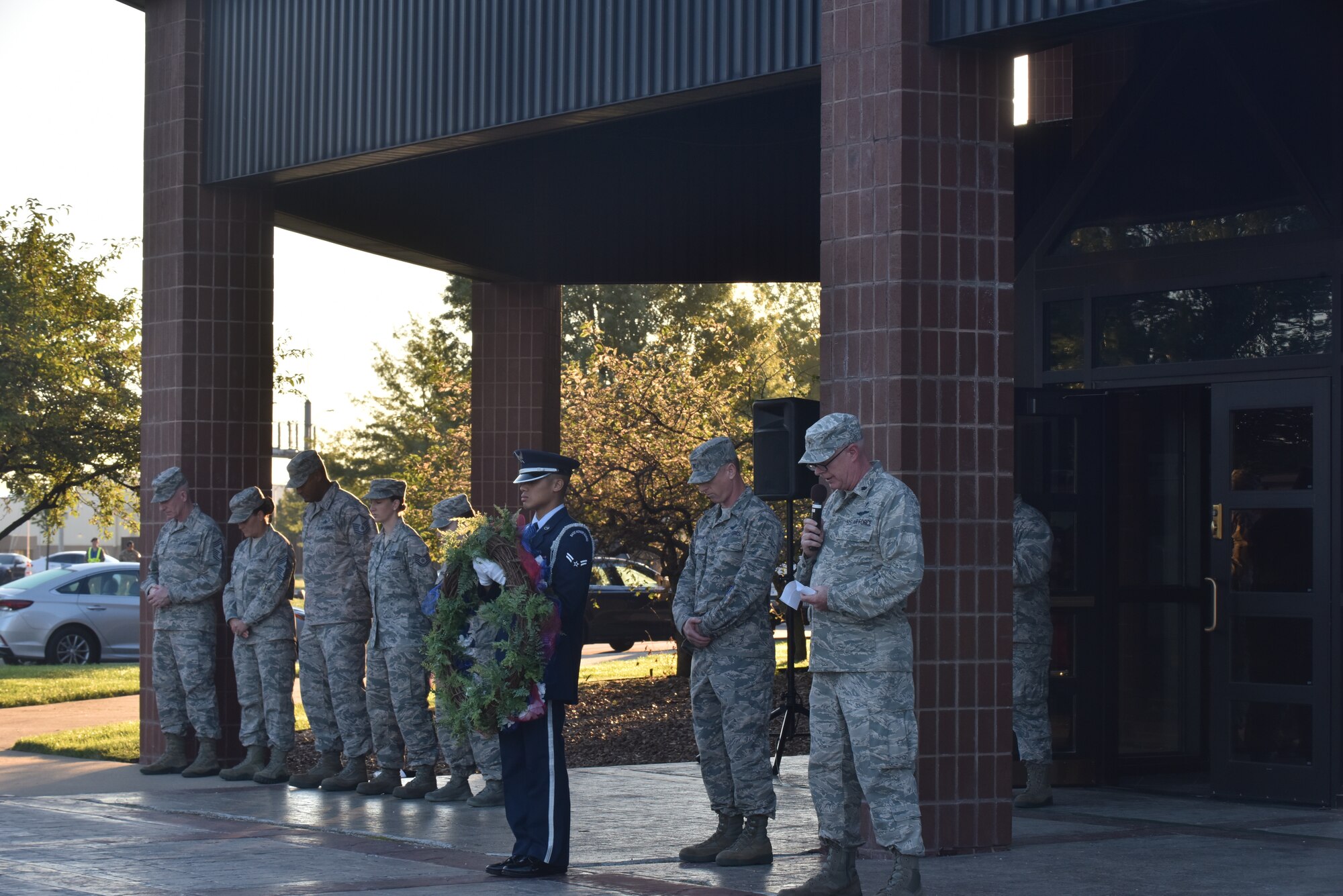 Whiteman Air Force Base Personnel and Base Honor Guard took place in a wreath laying ceremony to commemorate those lost during the September 11th attacks.