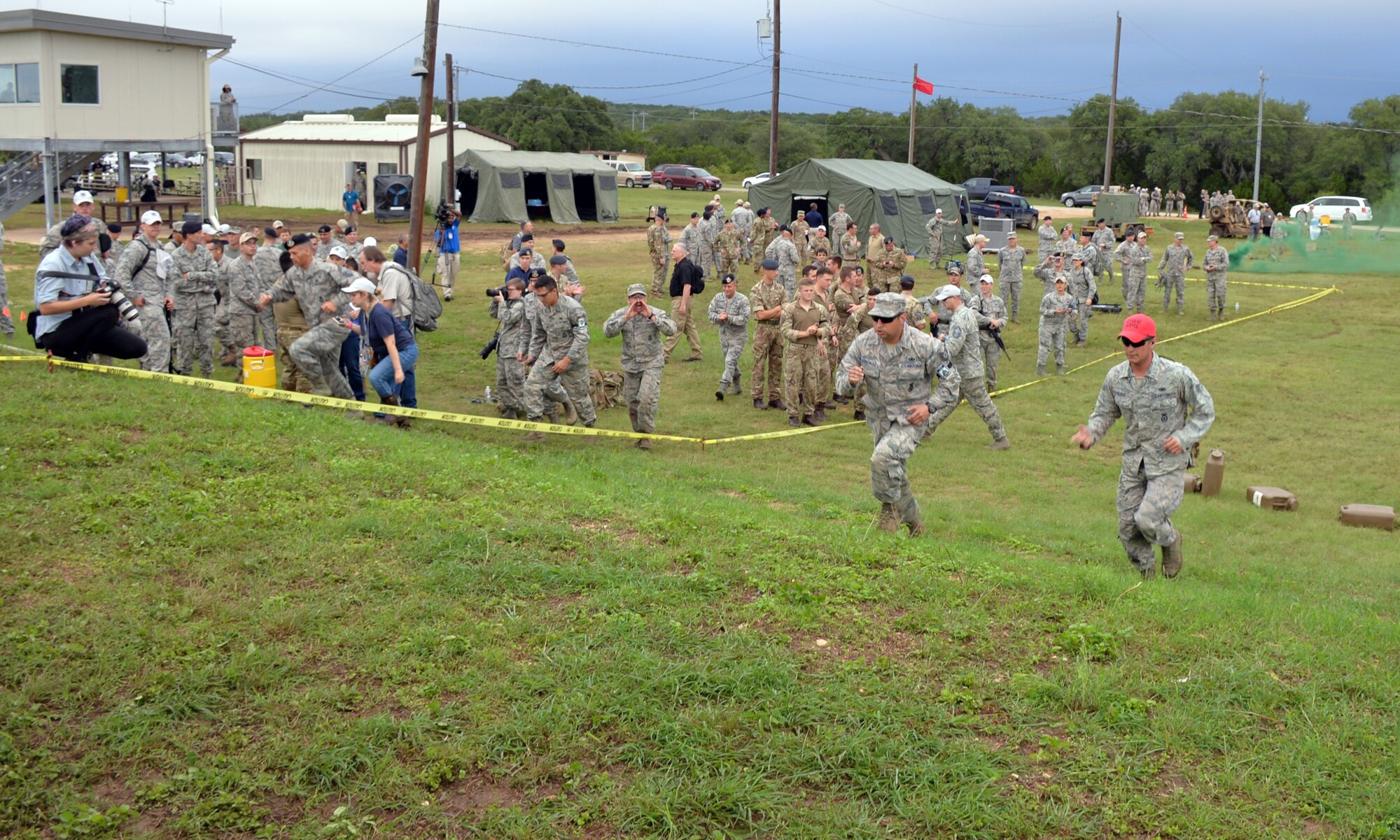 Tech Sgt. Francisco Gonzalez, Air Force Reserve Command Defender Challenge team member, runs from the calisthenics area to the next station where he will fire an M4 carbine rifle during the combat endurance relay Sept. 13, 2018 at Camp Bullis Military Training Reservation, Texas.