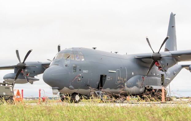 An Alaska Air National Guard HC-130J sits on the transient parking area Sept. 13, 2018, at Dover Air Force Base, Del. Members and equipment from the Guard arrived at Dover on Sept. 12 to support hurricane relief efforts when called upon. (U.S. Air Force photo by Roland Balik)