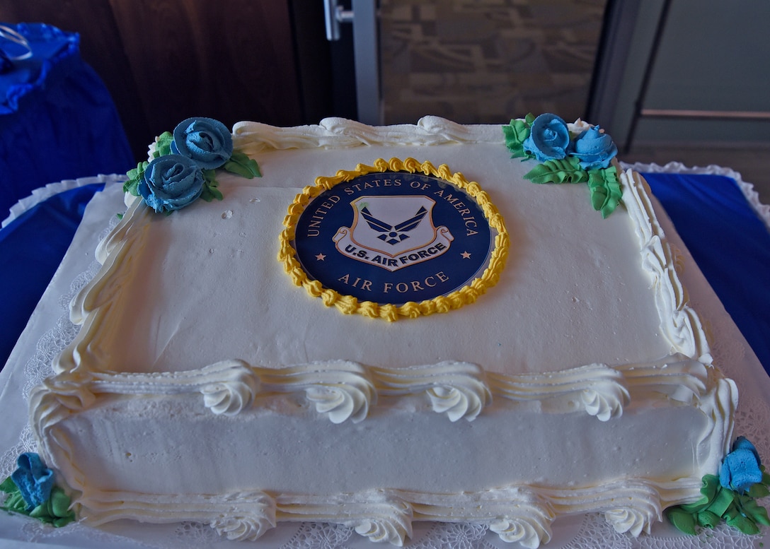 A cake for the Air Force’s 71st birthday celebration sits on a table before the main event at the Armed Forces Retirement Home in Washington, D.C., Sept. 14, 2018. AFRH retirees and Joint Base Andrews Airmen attended the event. (U.S. Air Force photo by Senior Airman Abby L. Richardson)