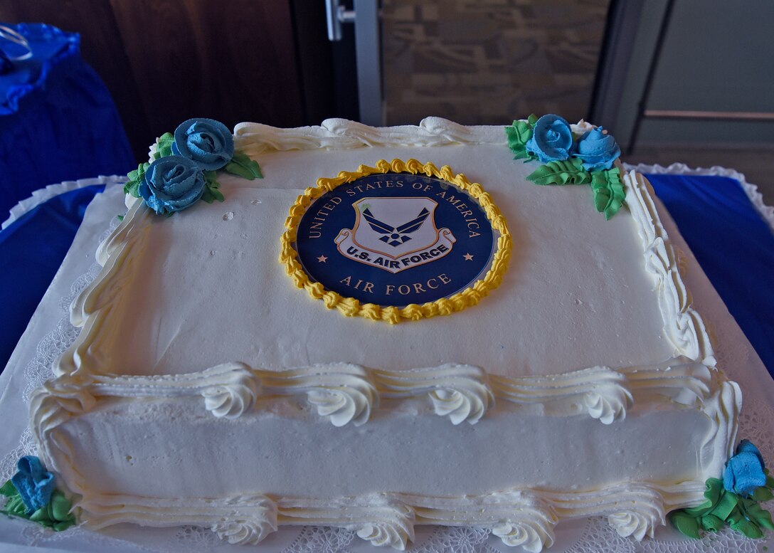 A cake for the Air Force’s 71st birthday celebration sits on a table before the main event at the Armed Forces Retirement Home in Washington, D.C., Sept. 14, 2018. AFRH retirees and Joint Base Andrews Airmen attended the event. (U.S. Air Force photo by Senior Airman Abby L. Richardson)