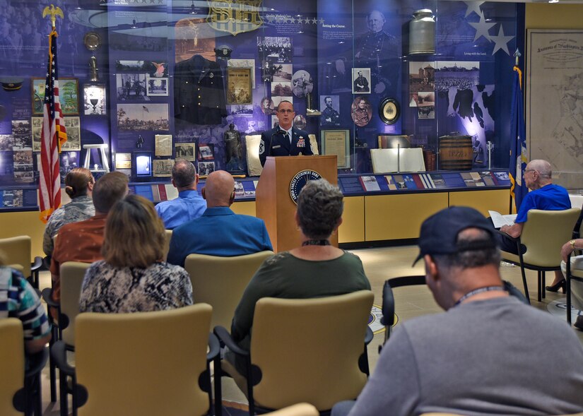 Chief Master Sgt. Thomas C. Daniels, 11th Wing and JBA command chief, speaks at the Armed Forces Retirement Home in Washington, D.C., Sept. 14, 2018. Daniels joined Joint Base Andrews Airmen and AFRH retirees to celebrate the Air Force’s 71st birthday. (U.S. Air Force photo by Senior Airman Abby L. Richardson)