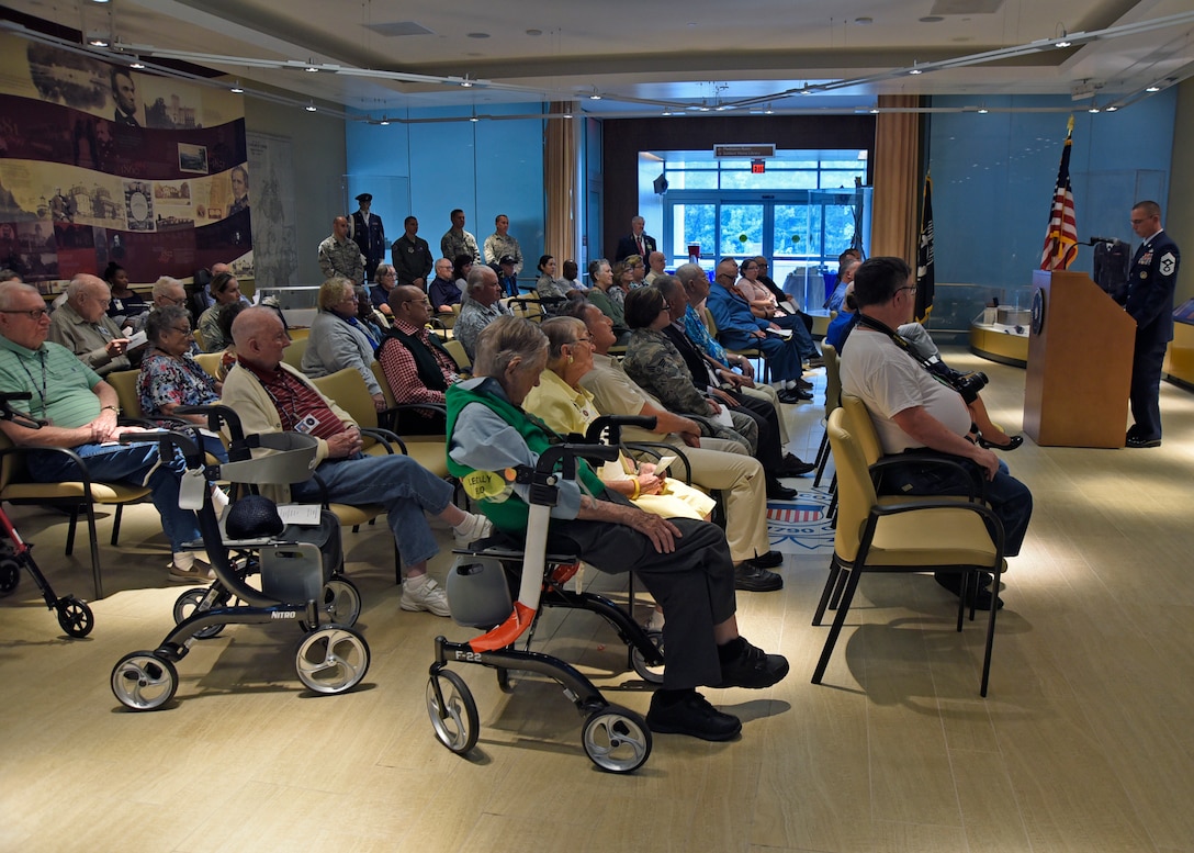 Joint Base Andrews Airmen and Armed Forces Retirement Home retirees attend a celebration for the Air Force’s 71st birthday at the AFRH in Washington, D.C., Sept. 14, 2018. The event included a speech by Chief Master Sgt. Thomas C. Daniels, 11th Wing and JBA command chief, the recognition of the oldest AFRH Airman and youngest JBA Airman present, and the cutting of the birthday cake. (U.S. Air Force photo by Senior Airman Abby L. Richardson)