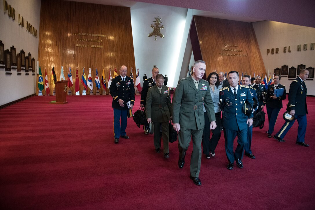 Marine Corps Gen. Joe Dunford walks through a museum in Mexico City.
