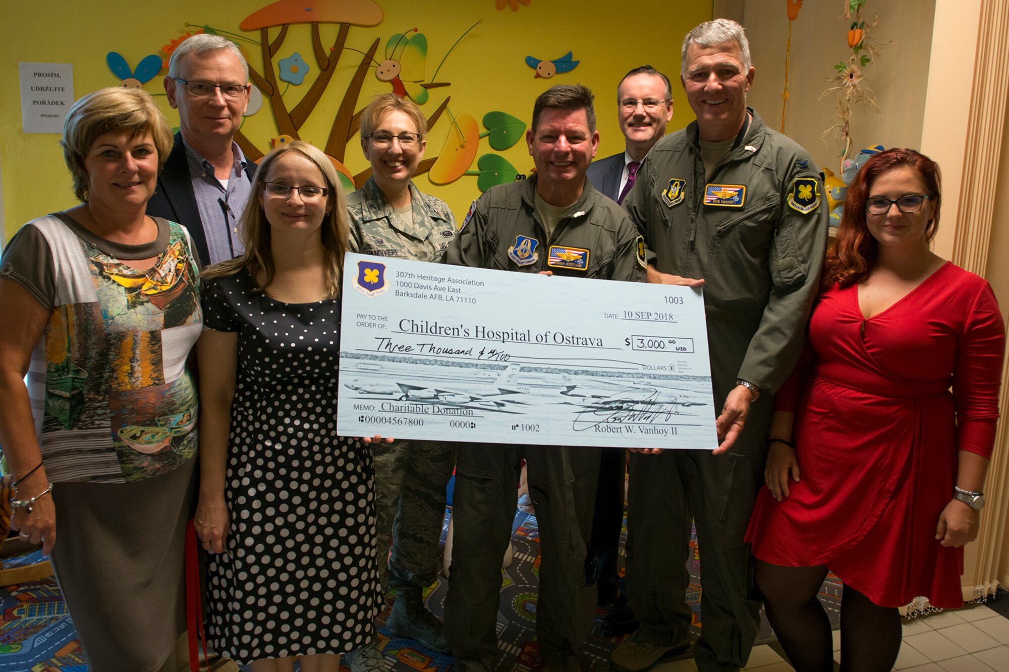 U.S. Air Force Reserve Airmen present a donation to the Children’s Center orphanage on behalf of the 307th Heritage Association on Sept. 13, 2018, Ostrava, Czech Republic. The 307th Heritage Association is a non-profit organization comprised of past and present members of the 307th Bomb Wing asked the Airmen to make the presentation while in Ostrava supporting the NATO Days air show. (U.S. Air Force photo by Master Sgt. Greg Steele)