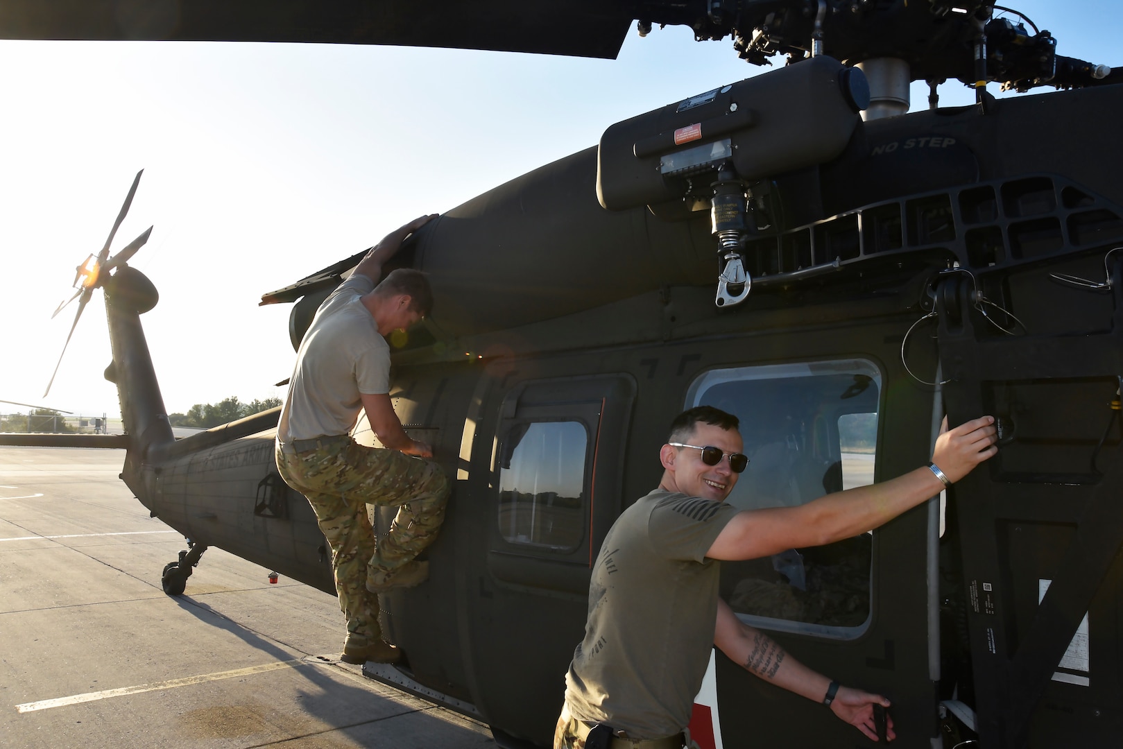 Approximately two dozen Soldiers assigned to medevac units at the Wisconsin National Guard's Army Aviation Support Facility 1 in West Bend, Wis., prep UH-60 Black Hawk helicopters Sept. 14, 2018,for movement to Maryland in response to then-Hurricane Florence, where the crews will remain in a standby status to be available in the event that civil authorities request their services. The Department of Defense began staging personnel, equipment and resources in the region to prepare for potential response missions as Hurricane Florence made landfall.