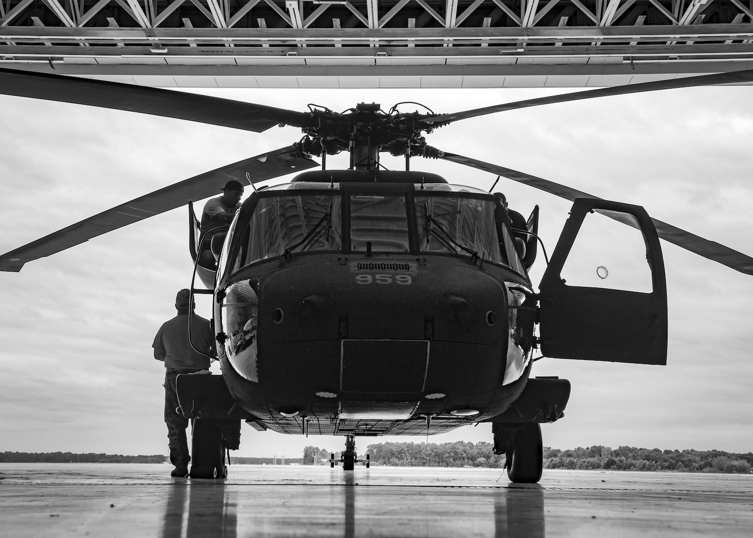 Soldiers with the South Carolina Army National Guard along with members of the S.C. Helicopter Aquatic Rescue Team ensure a UH-60 Black Hawk is ready for rescue missions in response to Hurricane Florence, Charleston, SC, Sept. 14, 2018. SC-HART is a partnership between aviation units of the South Carolina Army National Guard and the South Carolina State Urban Search and Rescue Task Force.