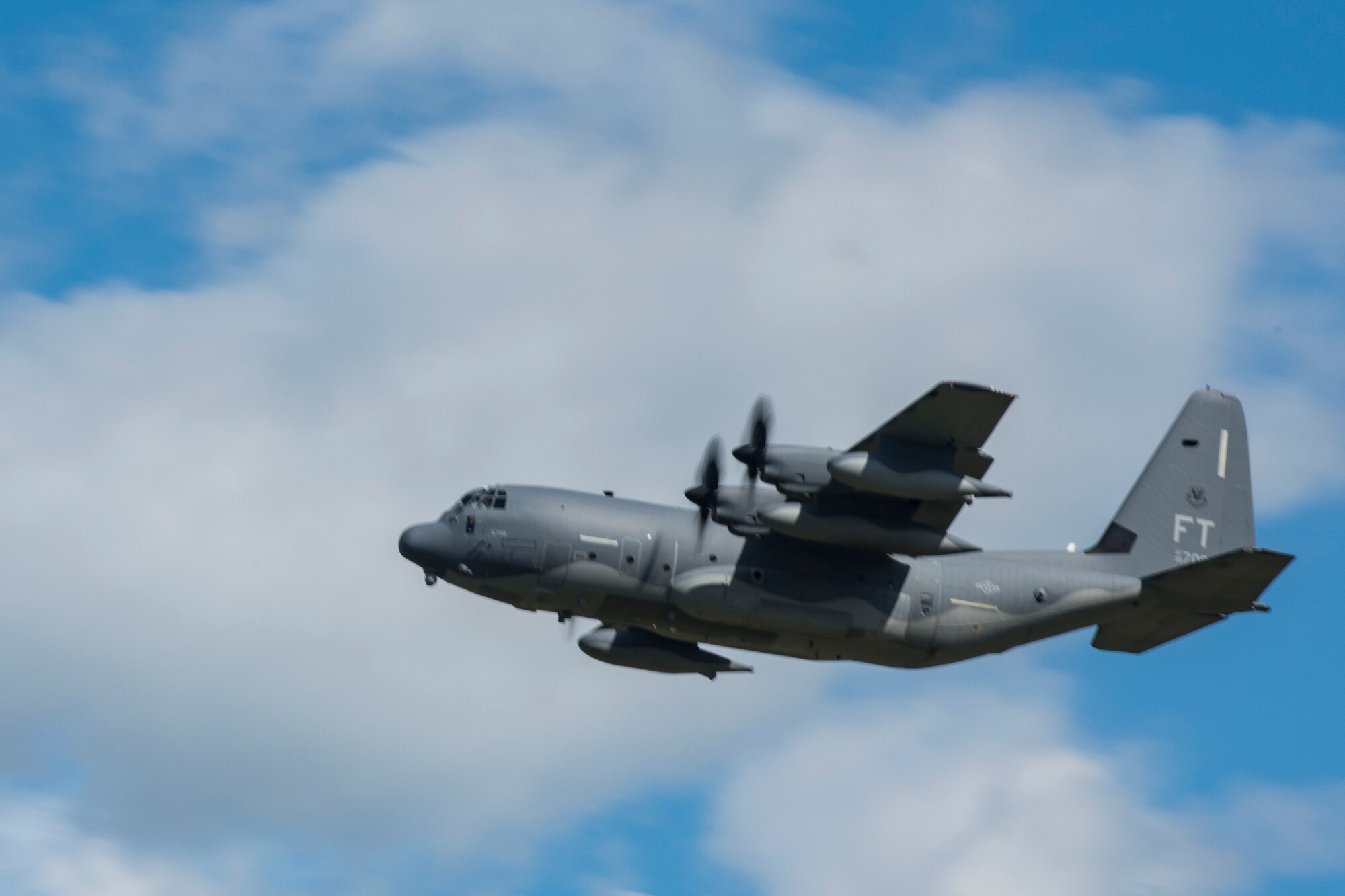 A HC-130J Combat King II departs to provide Tropical Storm Florence rescue support Sept. 15, 2018, at Moody Air Force Base, Ga. The 334th Air Expeditionary Group launched HC-130J Combat King IIs, HH-60G Pavehawks, aircrew and support personnel to pre-position at Joint Base Charleston, S.C., for potential Tropical Storm Florence response. Under the command of Col. John Creel, the 374th Rescue Group commander, the AEG integrated to make one expeditionary search and rescue unit comprised of rescue and support personnel from both the 23d Wing, 920th Rescue Wing at Patrick Air Force Base, Fla., and 51st Communications Squadron at Warner Robins Air Force Base, Ga.  (U.S. Air Force photo by Staff Sgt. Eric Summers Jr.)