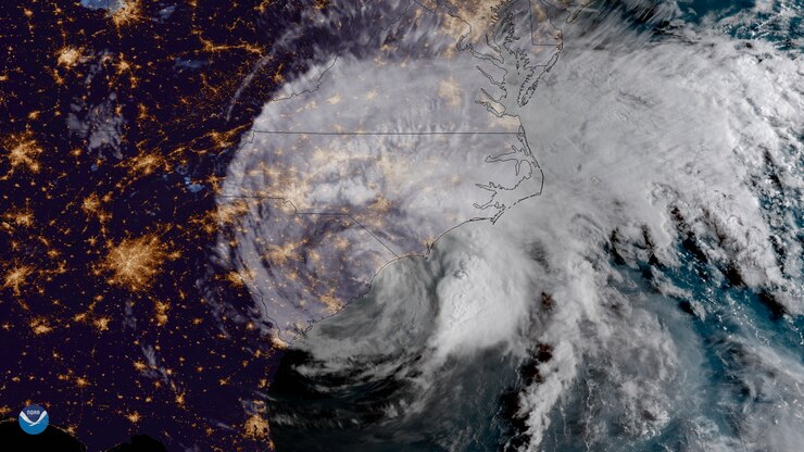 A satellite image of Tropical Storm Florence as she makes her way across parts of North and South Carolina