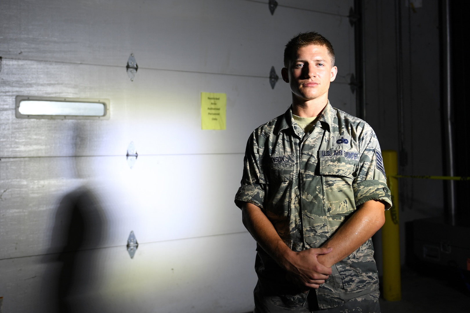 U.S. Air Force Tech. Sgt. William Johnson, 145th Logistical Readiness Squadron, operates and maintains warehouse operation in Kinston, NC. during Hurricane Florence, Sept. 14, 2018. Tech. Sgt. Johnson leads an eleven-man team to stack and fill pallets full of supplies including water and food inside a Kinston warehouse in preparation for Hurricane Florence.
