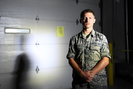 U.S. Air Force Tech. Sgt. William Johnson, 145th Logistical Readiness Squadron, operates and maintains warehouse operation in Kinston, NC. during Hurricane Florence, Sept. 14, 2018. Tech. Sgt. Johnson leads an eleven-man team to stack and fill pallets full of supplies including water and food inside a Kinston warehouse in preparation for Hurricane Florence.