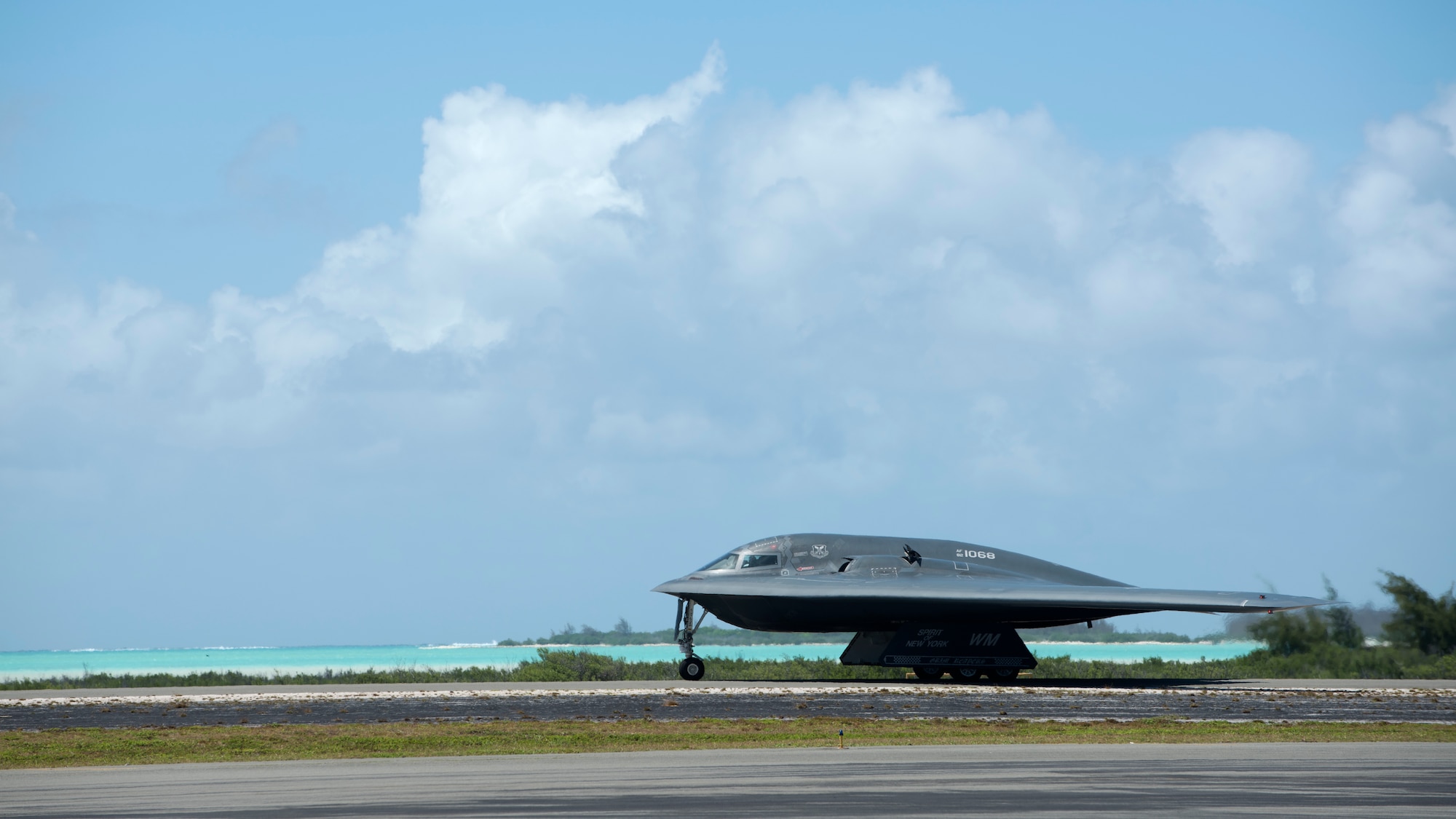 A U.S. Air Force B-2 Spirit deployed from Whiteman Air Force Base, Missouri, taxis at Wake Island Airfield Sept. 14, 2018.