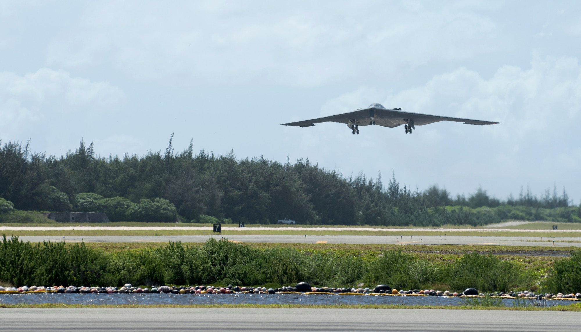 A U.S. Air Force B-2 Spirit deployed from Whiteman Air Force Base, Missouri, takes off from Wake Island Airfield Sept. 14, 2018.
