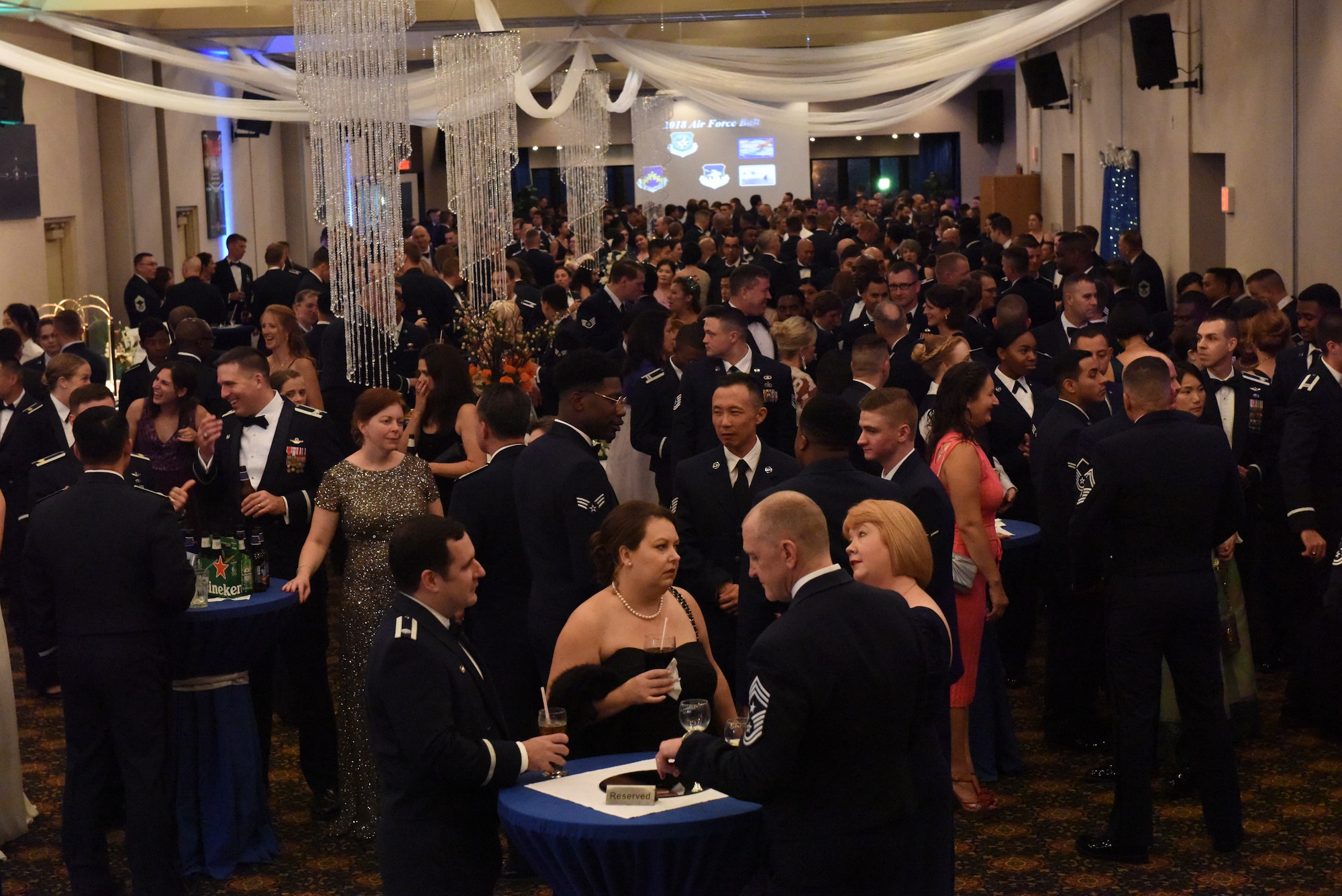 Guests mingle during cocktail hour at an Air Force 71st Birthday Ball held at Osan Air Base, Republic of Korea, September 15, 2018.