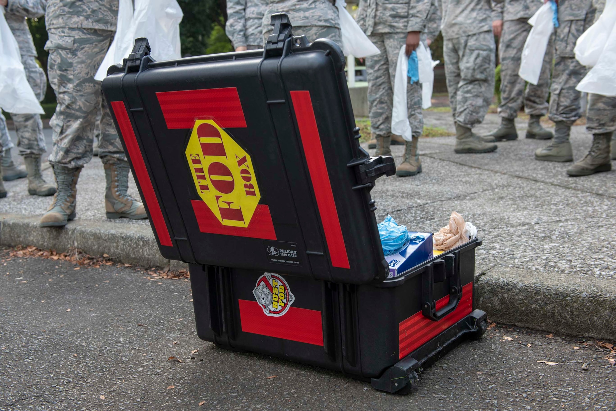 The “FOD” box contains everything the Airmen of the 374th Airlift Wing require to perform a foreign object debris walk as part of the cleanup following the 2018 Japanese-American Friendship Festival at Yokota Air Base, Japan, Sept. 17, 2018.