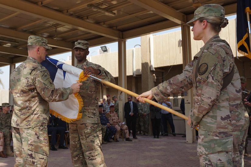 U.S. Army Lt. Gen. Paul E. Funk II, commanding general of III Armored Corps, and Command Sgt. Maj. Michael Crosby, case the III Armored Corps colors at the Combined Joint Task Force – Operation Inherent Resolve transfer of authority ceremony in Baghdad, Sept. 13, 2018. The U.S. Army’s III Armored Corps, deployed from Fort Hood, Texas to areas in Southwest Asia, transferred its command authority to the XVIII Airborne Corps, deployed from Fort Bragg, North Carolina.  CJTF-OIR is a 79-member global coalition, which works by, with, and through partner forces to defeat ISIS in designated areas of Iraq and Syria, and sets conditions for follow-on operations to increase regional stability.