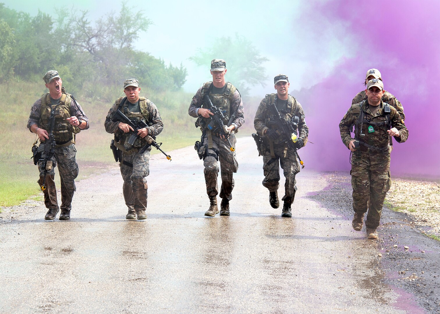 Airmen from the Air National Guard Air Force Defender’s Challenge Team 2018 run to the finish line of the dismounted operations portion of the competition at Joint Base San Antonio-Camp Bullis, Texas, Sept. 12.