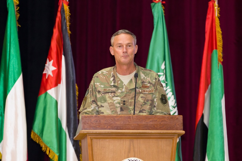 U.S. Air Force Maj. Gen. Jon Mott, U.S. Central Command Director of Exercises and Training, kicks off Exercise Bright Star 2018 with a welcoming speech during the opening ceremony, Sept. 8. Bright Star is a chance to pursue engagements with Egypt to better address threats common to regional security at all levels of command.
