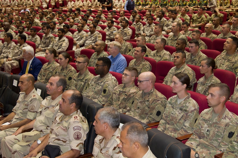 U.S. military and Egyptian armed forces members observe the opening ceremony of Exercise Bright Star 2018 at Mohamed Naguib Military Base auditorium, Sept. 8. Bright Star is a multilateral exercise including the U.S. Central Command, the Arab Republic of Egypt, France, Italy, Kingdom of Saudi Arabia, Jordan, United Kingdom, and many others.