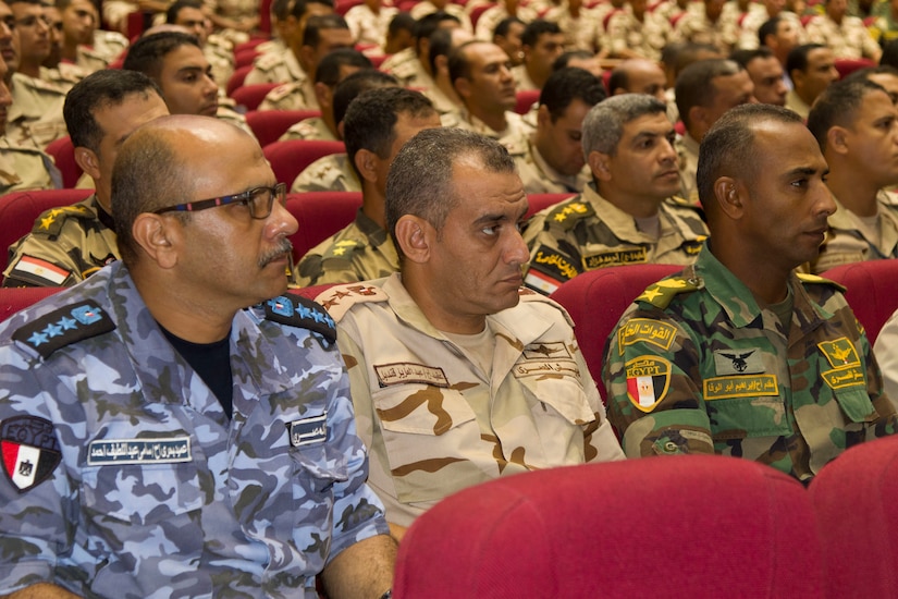 Members of the Egyptian Armed forces listen attenttively during the Exercise Bright Star 2018 opening ceremony at the Mohamed Naguib Military Base auditorium, Sept. 8. Bright Star is an important symbol of the long-lasting relationship between the U.S. military and the Egyptian Armed Forces.