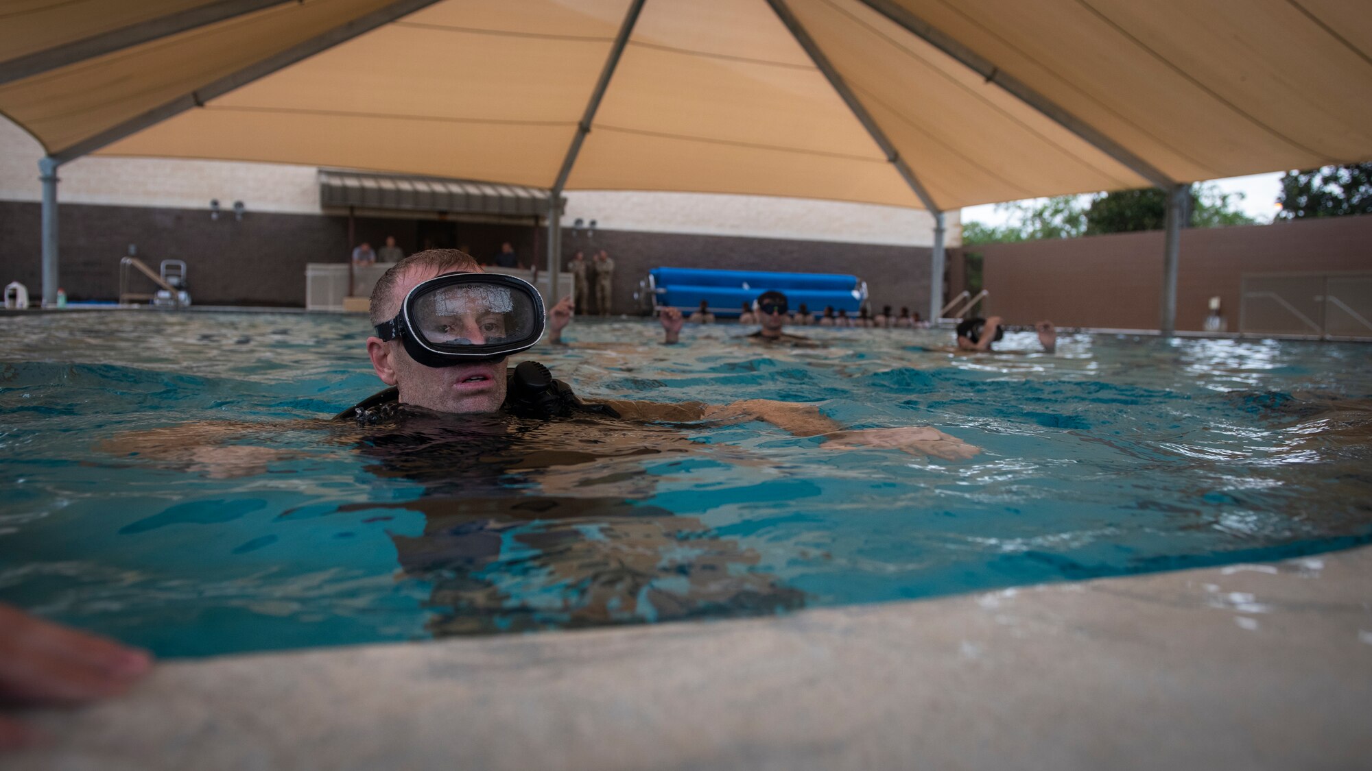 Joe De Sena, founder and CEO of Spartan Race, treads water during a pre-scuba class at Hurlburt Field, Florida, Sept. 5, 2018.