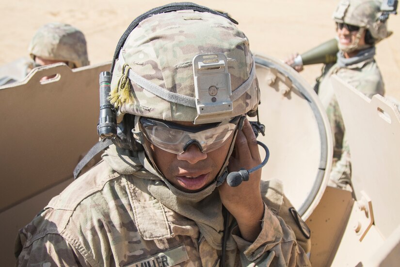 U.S Army Staff Sgt. Tremond Miller, a squad leader, assigned to Alpha Company, 1st Battalion, 155th Infantry Regiment, 155th Armored Brigade Combat Team, Task Force Spartan, prepares to give the order to launch a 120 mm mortar to his squad during a combined live-fire exercise near Alexandria, Egypt, Sept. 11, 2018.  The 155th ABCT is in the Arab Republic of Egypt taking part in Exercise Bright Star 18, a multilateral U.S. Central Command training exercise. Bright Star 18 focuses on continuously improving interoperability throughout the full range of military operations between the U.S. military and Egyptian armed forces.