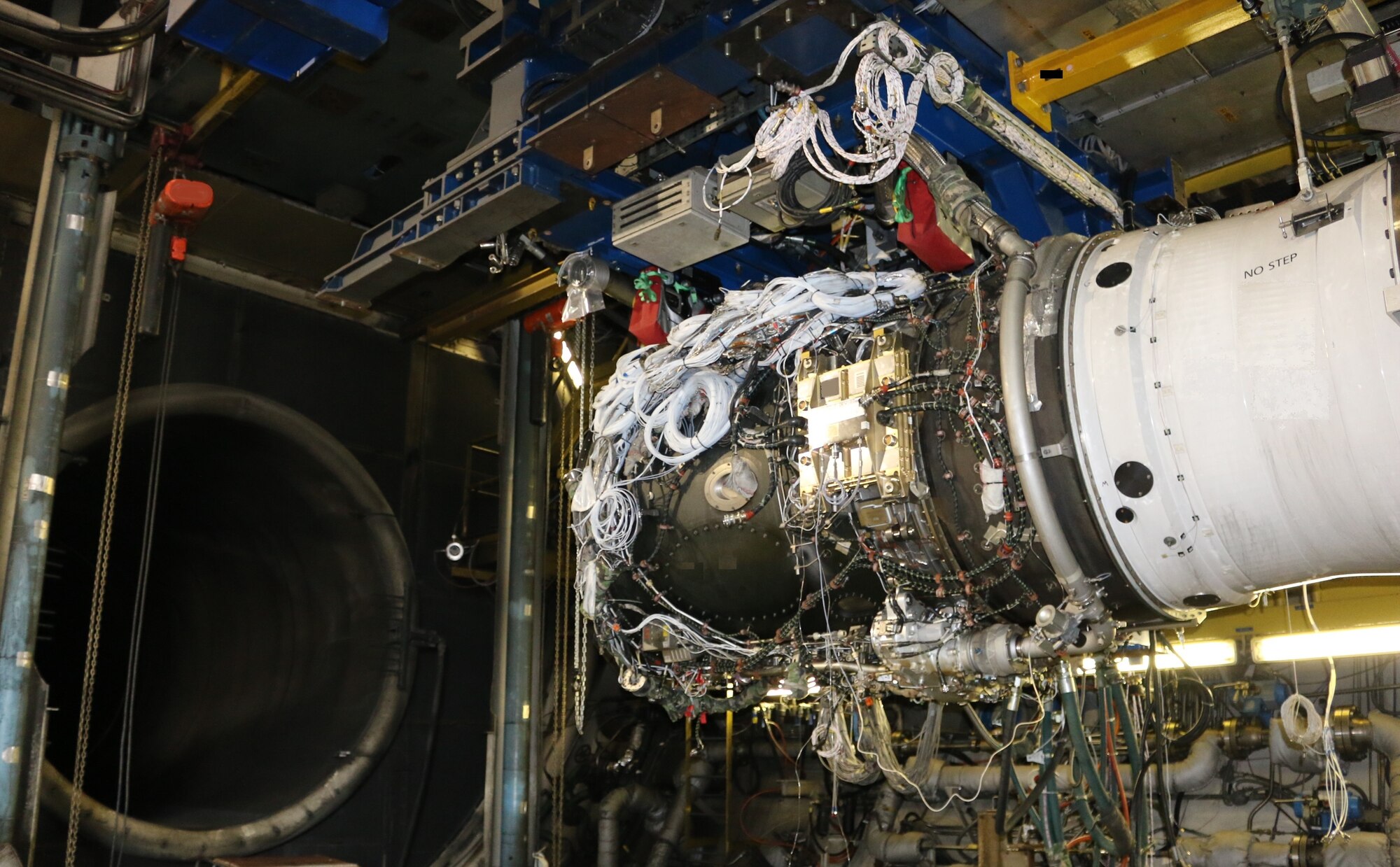 AEDC test teams were conducting testing on the Rolls-Royce engine pictured here when facility crews at Arnold Air Force Base determined plant equipment needed to be replaced. The equipment was replaced quickly and the Rolls-Royce test was successfully completed prior to a scheduled maintenance outage for the engine test facilities at Arnold. (U.S. Air Force photo by Deidre Ortiz)