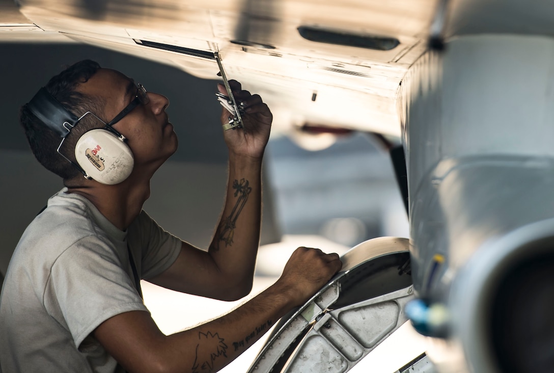 A 20th Aircraft Maintenance Squadron tactical aircraft maintainer inspects an F-16CM Fighting Falcon at Shaw Air Force Base, S.C., Sept. 12, 2018.