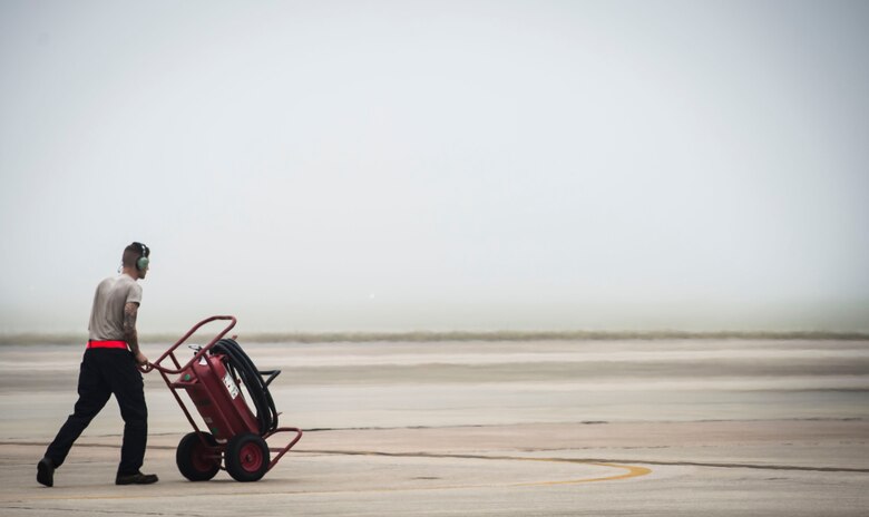 A 20th Aircraft Maintenance Squadron tactical aircraft maintainer walks the flightline at Shaw Air Force Base, S.C., Sept. 12, 2018.