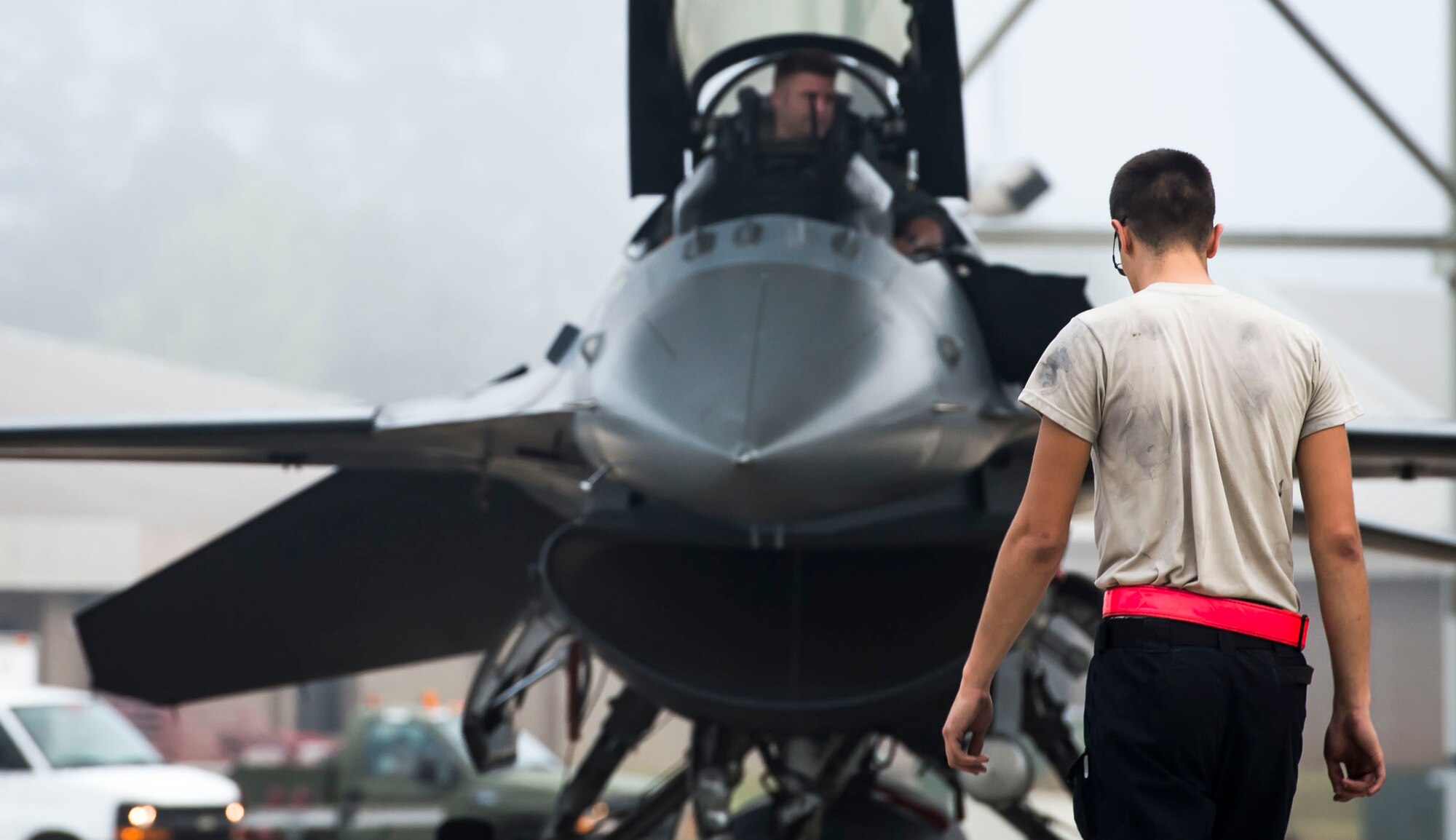 A 20th Aircraft Maintenance Squadron tactical aircraft maintainer performs a pre-flight check at Shaw Air Force Base, S.C., Sept. 12, 2018.
