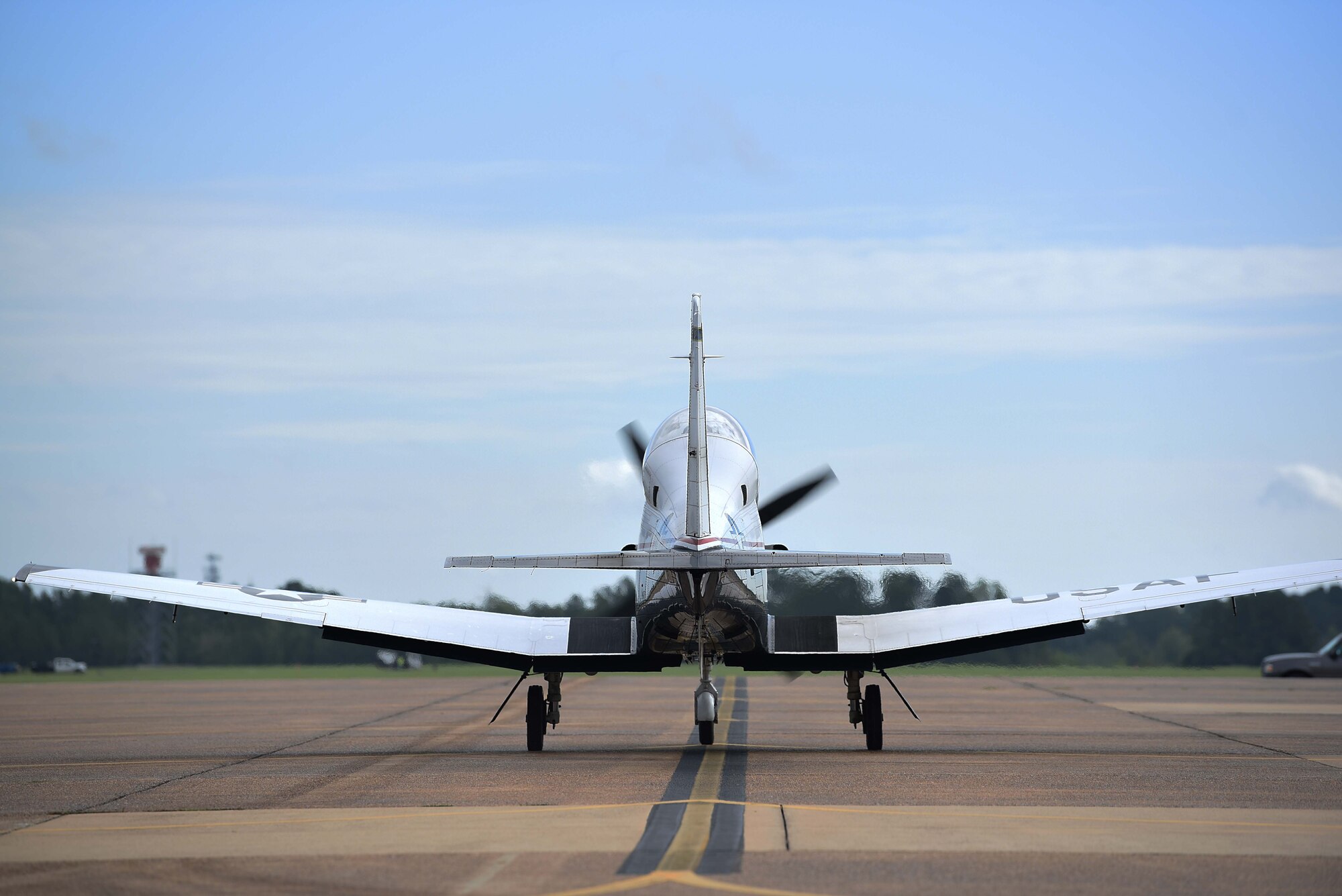 A T-6A Texan II assigned with the 37th Flying Training Squadron taxies on the flight line Sept. 5, 2018, on Columbus Air Force Base, Mississippi. Once student pilots complete their academic phase, they can advance to the 37th FTS, which is one of two active-duty T-6 squadrons at Columbus AFB, to conduct their initial flight training.  (U.S. Air Force photo by Airman 1st Class Keith Holcomb)