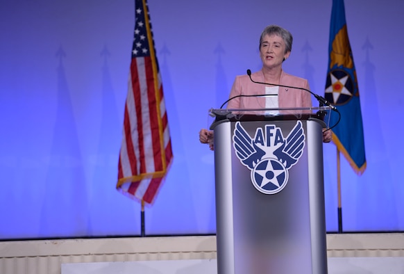 Secretary of the Air Force Heather Wilson delivers her "Air Force We Need" speech during the 2018 Air Force Association's Air, Space and Cyber Conference in National Harbor, Md., Sept. 17, 2018. The Air, Space and Cyber Conference is a professional development conference that offers an opportunity for Department of Defense personnel to participate in forums, speeches, seminars and workshops. (U.S. Air Force photo by Tech. Sgt. DeAndre Curtiss)