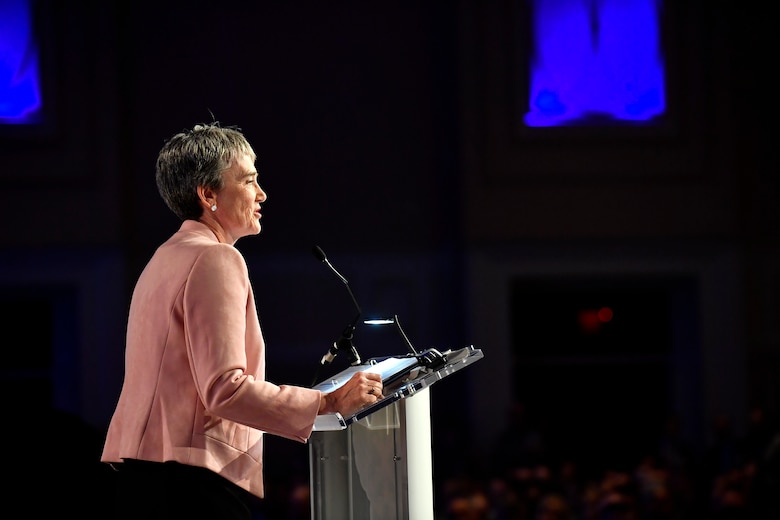 Secretary of the Air Force Heather Wilson delivers her the "Air Force We Need" address during the 2018 Air Force Association Air, Space and Cyber Conference in National Harbor, Md., Sept. 17, 2018. During her remarks, Wilson stressed the Air Force will need more active, Guard and Reserve Airmen to fully enable the service's operational squadrons. (U.S. Air Force photo by Staff Sgt. Rusty Frank)