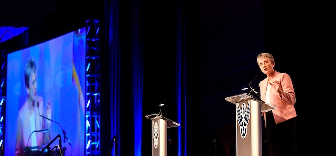 Secretary of the Air Force Heather Wilson delivers her the "Air Force We Need" address during the 2018 Air Force Association Air, Space and Cyber Conference in National Harbor, Md., Sept. 17, 2018. During her remarks, Wilson stressed the Air Force will need more active, Guard and Reserve Airmen to fully enable the service's operational squadrons. (U.S. Air Force photo by Staff Sgt. Rusty Frank)