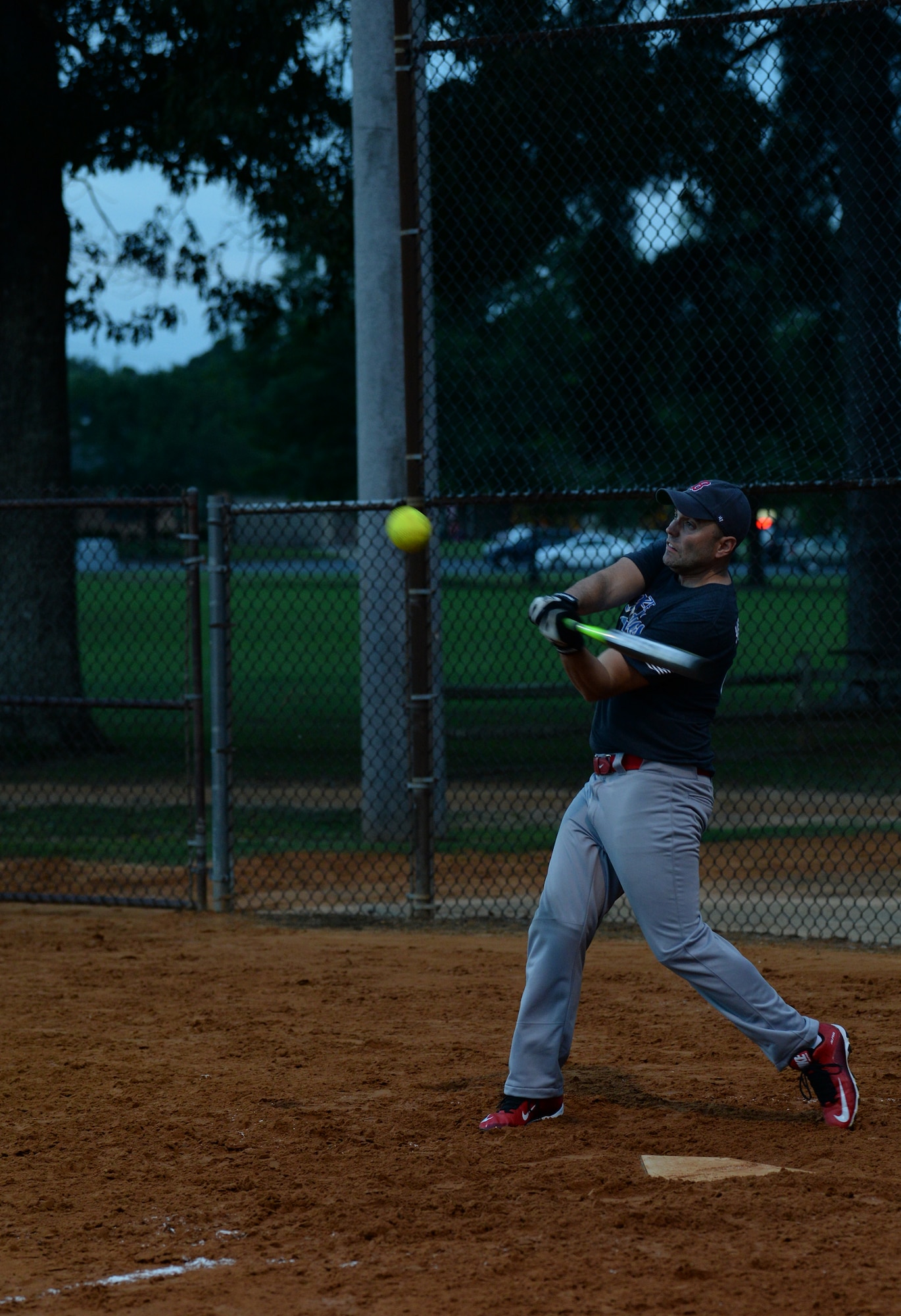 A 14th Medical Group team member hits the softball Sept. 11, 2017, on Columbus Air Force Base, Mississippi, during the 2018 Intramural Softball Championship game.  The 14th MDG won the first of two games with a score of 8-7 in the Intramural Softball Championship against the 50th Flying Training Squadron. (U.S. Air Force photo by Airman Hannah Bean)
