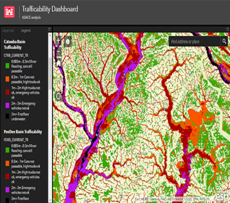 The U.S. Army Corps of Engineers provides the following trafficability inundation mapping tool for reference by the public. These maps indicate the severity of water in regions affected by the recent Florence storm event and how they may impact vehicle movement in the area. Basins covered by this analysis include the Catawba, Pee Dee, Cape Fear, Lumber, Neuse, Tar, Yakin, and Roanoke basins: