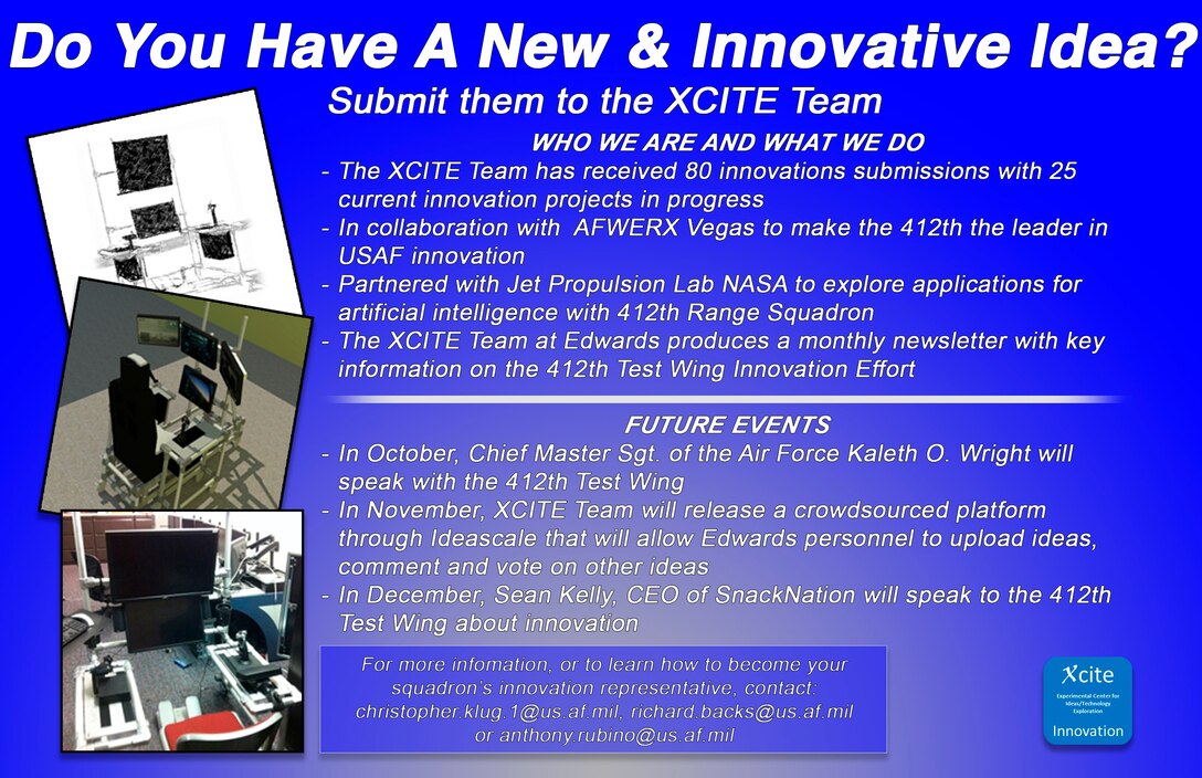 Edwards Air Force Base personnel are challenged by the 412th Test Wing Commanding General, Brig. Gen. E. John Teichert to look for ways to innovate and inspire new ideas. (U.S. Air Force graphic by Giancarlo Casem)