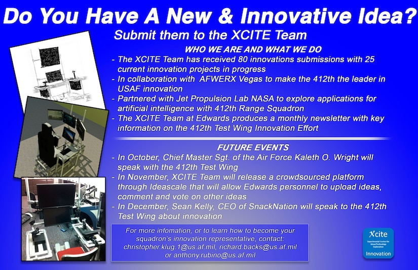 Edwards Air Force Base personnel are challenged by the 412th Test Wing Commanding General, Brig. Gen. E. John Teichert to look for ways to innovate and inspire new ideas. (U.S. Air Force graphic by Giancarlo Casem)