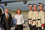 Defense Secretary James N. Mattis and Macedonian Defense Minister Radmila Shekerinska pass by military members in Skopje, Macedonia.