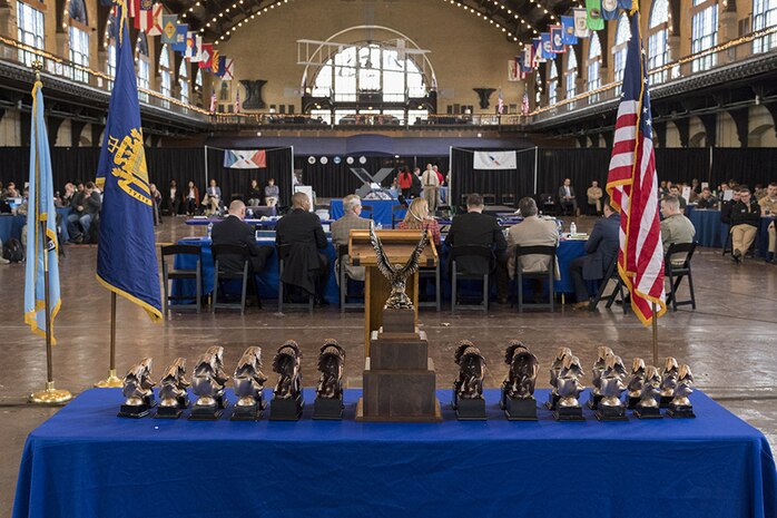 Awards are lined up on a table during the NCX at the US Naval Academy in Annapolis, MD
