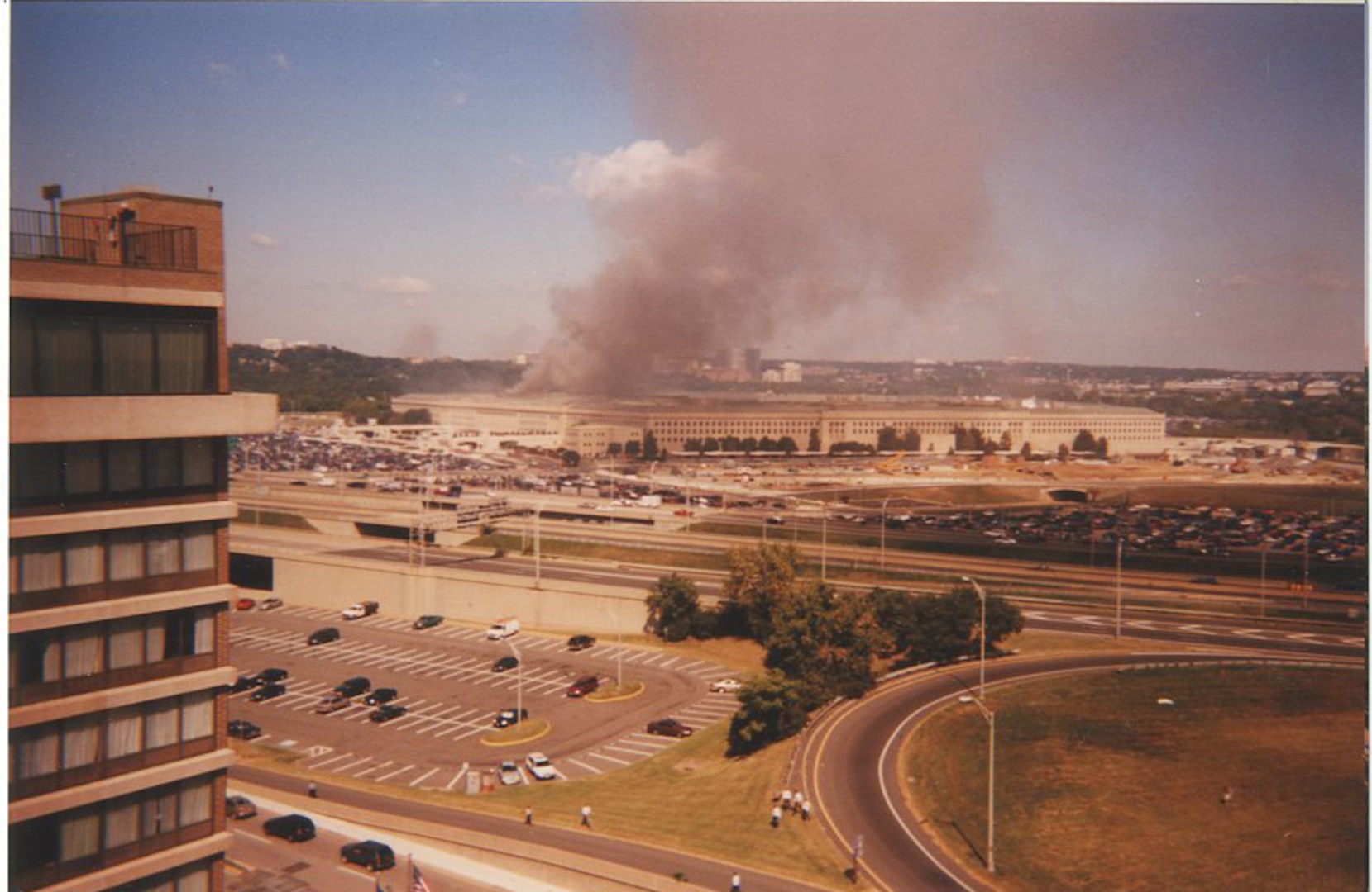 ​A view of the Pentagon following the attack using Flight 77 as a weapon, taken by Col. (Retired) Larry Ciancio, from his hotel room Sept. 11, 2001.