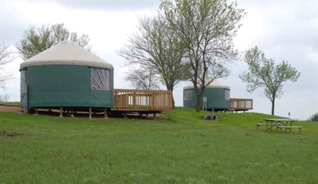 Two yurts at Melvern Lake, Kan. shown in Eisenhower State Park.. A yurt is a modern adaptation of the ancient shelter used by Central Asian nomads for centuries.