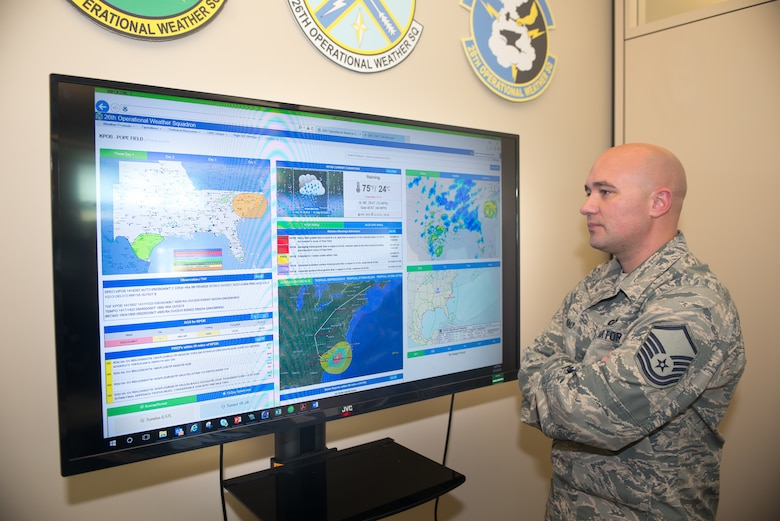 Master Sgt. Brandon Healy, 1st Weather Group (WXG) superintendent of systems and training, monitors the progress of Hurricane Florence on the 26th Operational Weather Squadron’s (OWS) webpage September 14, 2018 at Offutt Air Force Base, Nebraska. Healy managed the implementation of 1st WXG’s OWS webpages. (U.S. Air Force photo by Paul Shirk)