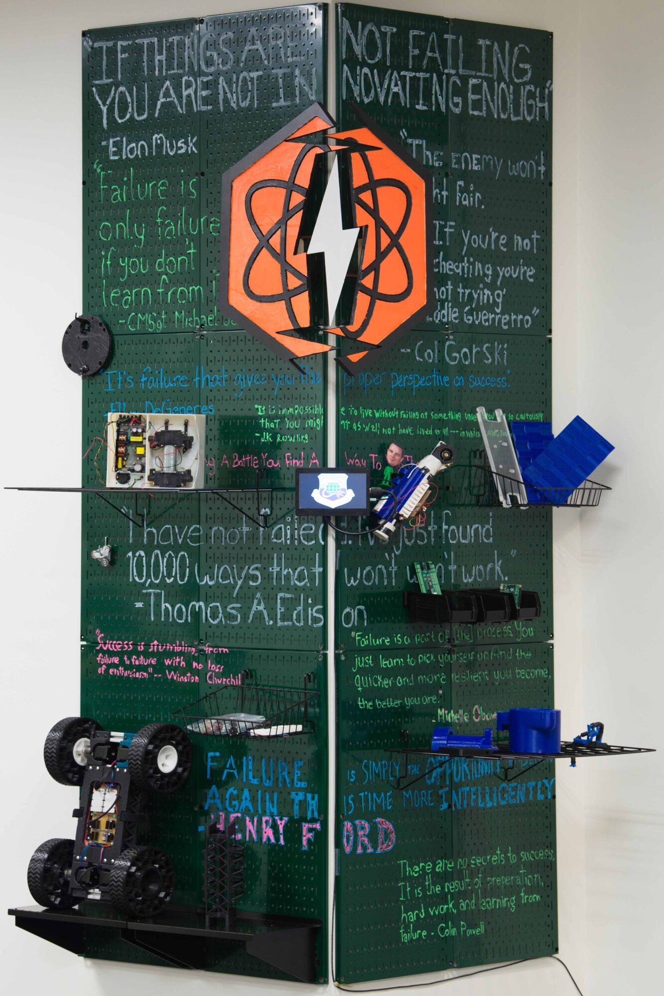 Pictured:  the eFAILution Wall at the Air Force Technical Applications Center, Patrick AFB, Fla.   The wall, complete with motivational quotes and projects that failed to be implemented, is used as a means to cultivate and capitalize on the talent of the workers at AFTAC while encouraging them to take their concepts and make them a reality in a positive learning environment.  (U.S. Air Force photo by Matthew S. Jurgens)