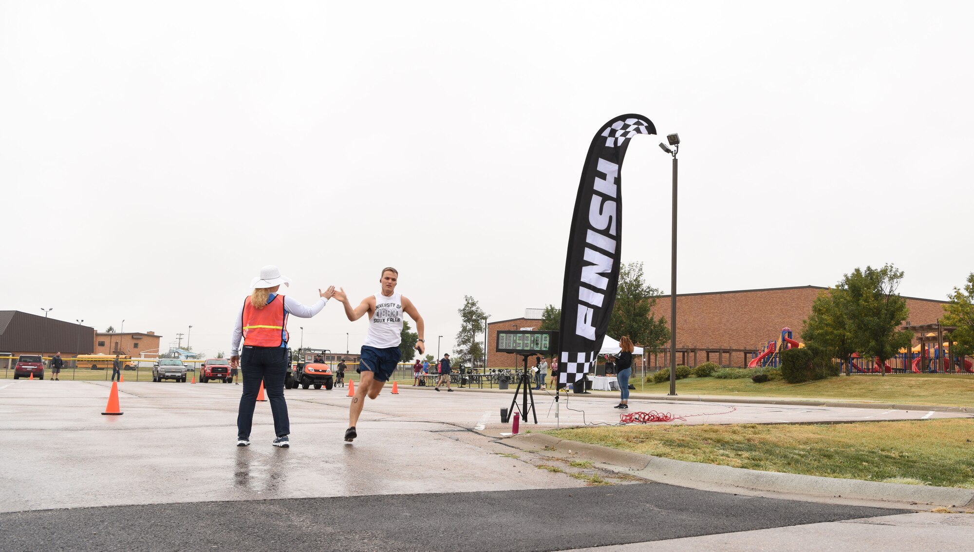 Senior Airman Andrew Kodis, a 28th Aircraft Maintenance Squadron load crew member, begins a five-kilometer run at Ellsworth Air Force Base, S.D., Sept. 15, 2018. The 28th Force Support Squadron hosted the tri-to-b1 triathlon, which consisted of a 500-meter swim, a five-kilometer run and a 10-kilometer bicycle ride. (U.S. Air Force Photo by Airman 1st Class Thomas Karol)