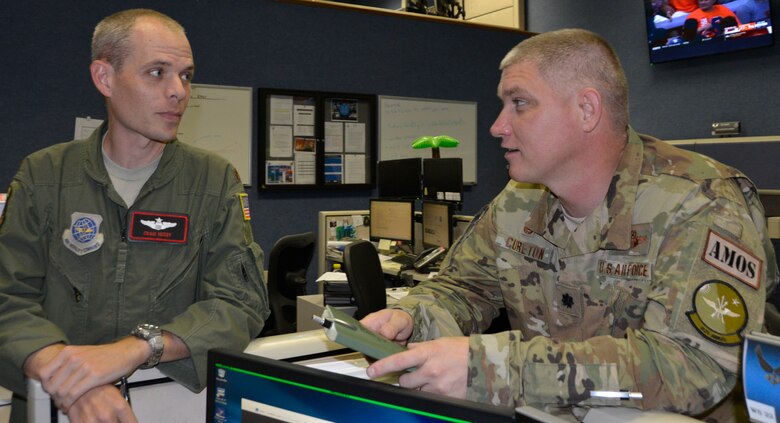 U.S. Air Force Maj. Craig Husby, airlift control team chief, 601st Air Operations Center, Air Mobility Division, deployed from the 321st Air Mobility Operations Squadron, Travis Air Force Base, Calif., discusses potential airlift operations for Hurricane Florence with Lt. Col. Robert Cureton, AMD Deputy Chief, deployed from the 621st Air Mobility Operations Squadron, McGuire Air Force Base, N.J. Total Force representation during AFNORTH’s Defense Support of Civil Authorities efforts includes active-duty U.S. Navy, U.S. Marine Corps, U.S. Army, U.S. Coast Guard, and U.S. Air Force, Guard, Reservists and civilians. (Air Force photo by Mary McHale)