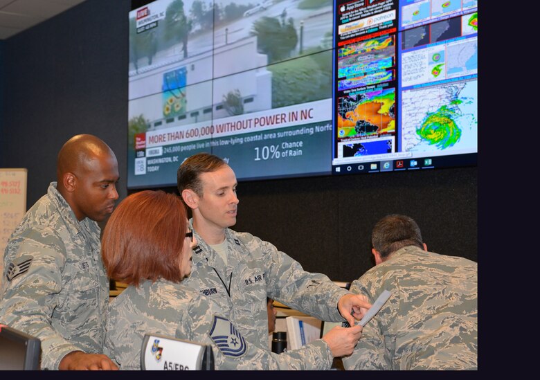 Master Sgt. Sheri Burkes, Staff Sgt. Matthew Betts and Capt. Jonathan Washburn, personnelists from the 186th Air Operations Group, Key Field, Miss., review personnel data as part of the Contingency Action Team activated at Air Forces Northern Headquarters to help support AFNORTH’s Defense Support of Civil Authorities mission. Total Force representation during AFNORTH’s DSCA efforts includes active-duty U.S. Navy, U.S. Marine Corps, U.S. Army, U.S. Coast Guard, and U.S. Air Force, Guard, Reservists and civilians. (Air Force photo by Mary McHale)
