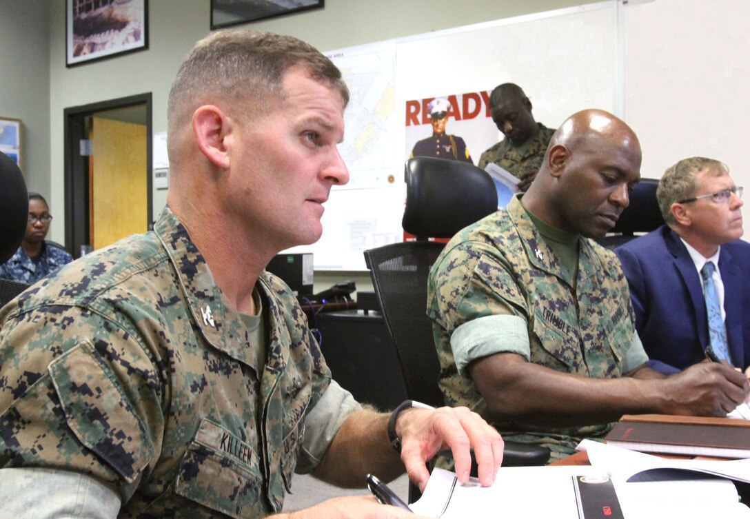 Marine Corps Logistics Base Albany officials are preparing to house recruits and permanent personnel from Marine Corps Recruit Depot Island, S.C., due to Hurricane Florence's potential landfall this week. MCLB Albany's Commanding Officer Col. Alphonso Trimble and MCRD Parris Island, Headquarters and Service Battalion, Commanding Officer Col. Sean Killeen are closely monitoring the events of the storm at MCLB Albany's Emergency Operations Center. (U.S. Marine Corps photo by Re-Essa Buckels).